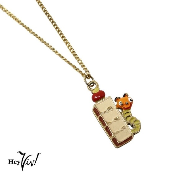 Vintage 80s Enamel Charm Necklace Cute School Teacher Ruler Book Worm - Hey Viv - Picture 1 of 4